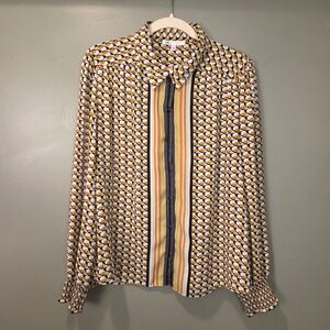 DR2 Women's Striped Geometric Print Long Sleeve Button Up Blouse, Size XL